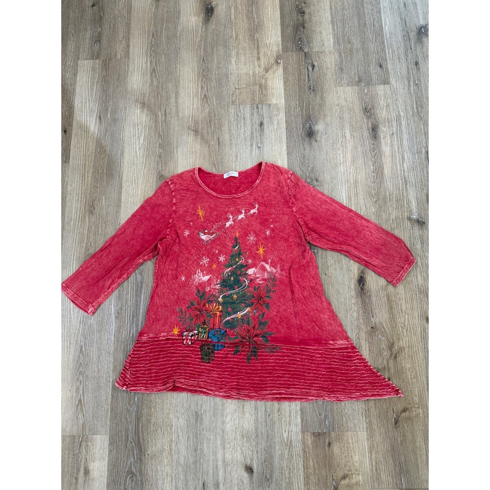 Jess & Jane Boho Festival Christmas Tree Tunic Sz L Red Mineral Wash Sharkbite